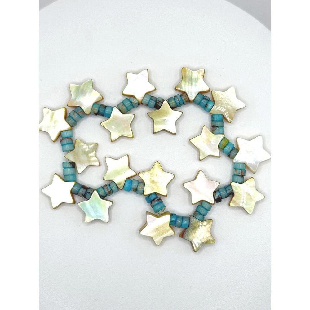 Boho-Chic Genuine Kingman Turquoise & Mother of Pearl Star Stretch Bracelet